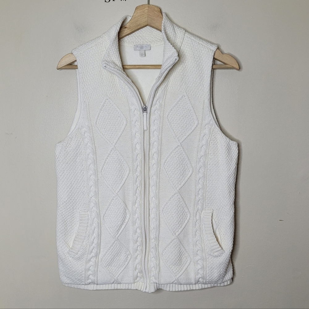 Talbots Petite Cream Knit Sweater Vest Full Zip Size PL 100% Cotton - Picture 2 of 7